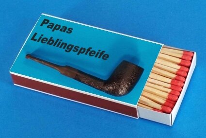 Streichholzschachtel mit Bild von Papas Lieblings Tabakpfeife.