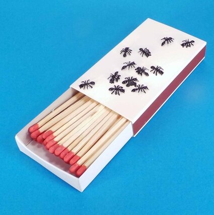 Zündholzschachtel mit aufgeleimten Plastik Ameisen  dekoriert.